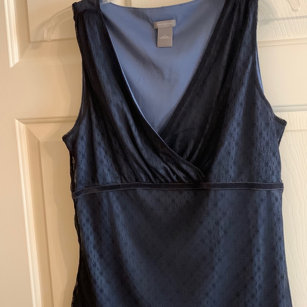Ann Taylor sheer sleeveless large dark blue top with full shell.